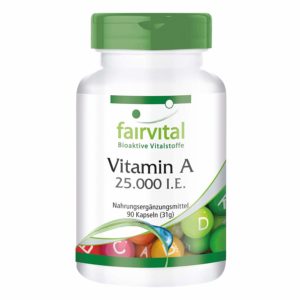Vitamine A 25.000 U.I. 90 gélules, haute dose, substance pure, végan, approvisionnement trimestriel, pour la peau et les yeux
